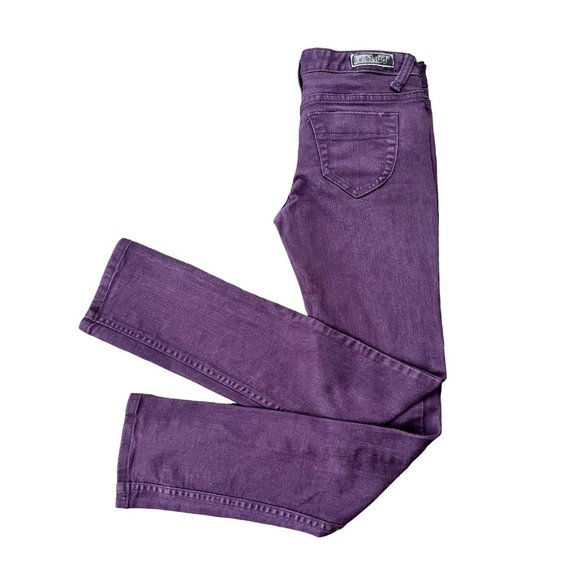 Women's MUDD Stretchy Skinny Jeans, purple plum color, low rise, Size 3(sku-e5) - Picture 5 of 11